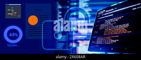 Work from home. Programmer coding code on notebook screen at Stock Photo