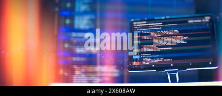 Work from home. Programmer coding code on notebook screen at Stock Photo