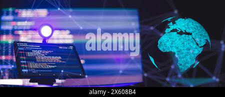 Work from home. Programmer coding code on notebook screen at Stock Photo