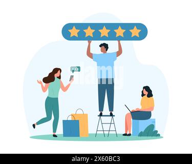 Customers review for purchases in store, shoppers experience in survey service. Tiny people holding 5 stars sign, clients with shopping bags buy gifts on shop sales cartoon vector illustration Stock Vector