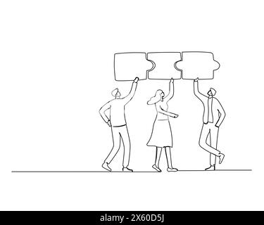 Continuous single one line drawing three  businessman, each other carrying the puzzle pieces. Teamwork of employee putting the puzzle together. Stock Vector