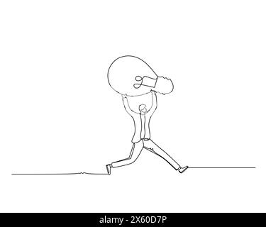 Continuous single one line a businessman who was running held a lamp above his head. Business growth concept.  Design vector illustration Stock Vector