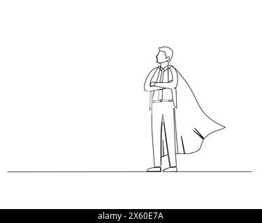 Continuous single one businessman is looking forward wearing a superman cape. Business growth strategy concept.  Design vector illustration Stock Vector