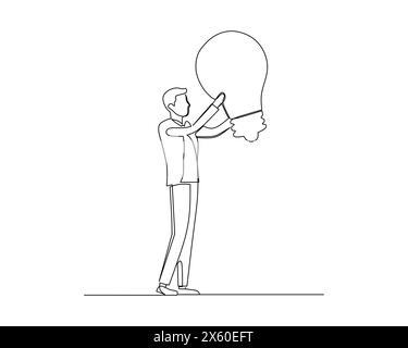 Continuous single one drawing the businessman was looking deeply into the lamp he was holding. Business growth strategy concept.  Design vector illust Stock Vector