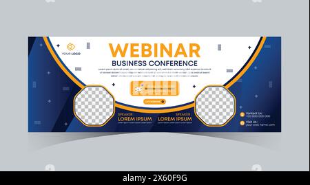 Webinar business online course web banner Dark navy blue, Green, Orange color with stripe line shape background and social media cover template design Stock Vector