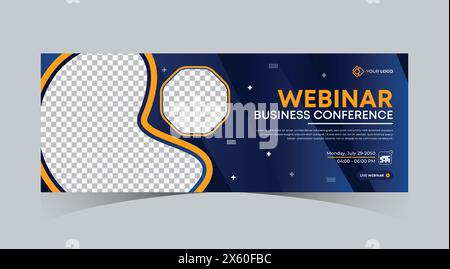 Webinar business online course web banner Dark navy blue, Green, Orange color with stripe line shape background and social media cover template design Stock Vector