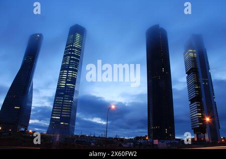 Cuatro Torres Business Area in the mist, at dawn. Madrid. Spain. Stock Photo