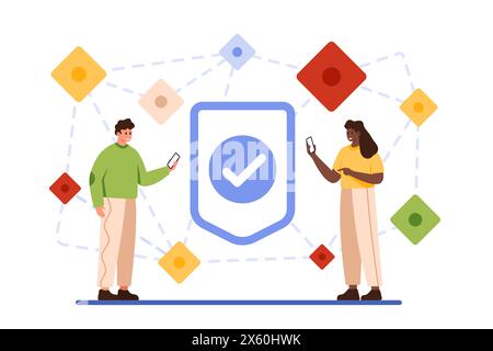 Decentralized mobile application, peer to peer network connection, blockchain technology. Tiny people using P2P computer network with multiple users, check mark on shield cartoon vector illustration Stock Vector