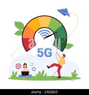 5G network connection boost, high speed internet, wifi service. Tiny people pull arrow of circle speedometer to limit on scale to increase bandwidth from slow to fast cartoon vector illustration Stock Vector