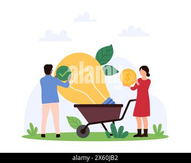 Effective business idea, best smart solution and genius insight for entrepreneurship. Tiny people make money from idea, experts holding coin and tick to check light bulb cartoon vector illustration Stock Vector