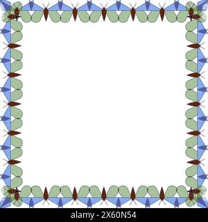 Frame of geometric shapes of green and blue butterflies on a white background Stock Vector