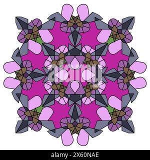 Ornament of geometric figures of butterflies in combinatorics style in purple colors, mandala on a white background Stock Vector