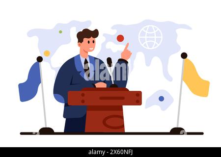 Public speech by diplomat or politician at conference, meeting of international leaders. Tiny confident speaker speaking at podium with microphone near flags and world map cartoon vector illustration Stock Vector
