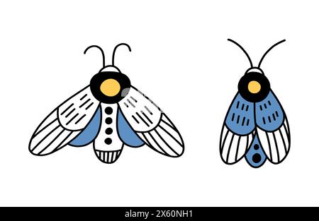 Doodle Butterflies and Moths. Set of hand drawn magic insects. Magic celestial boho element isolated. mystic fly outline icon. Esoteric and mystical Stock Vector