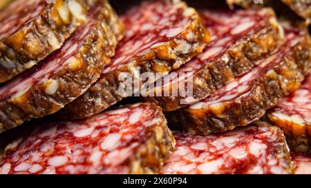 Salami Close-Up. A stack of thinly sliced salami, with visible marbling of fat and meat, ideal for culinary themes. Stock Photo