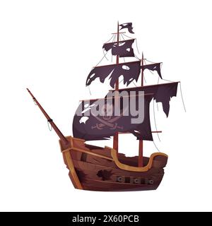 Pirate ship and galleon after sea battle, fight of sailboats with cannon explosions vector illustration Stock Vector