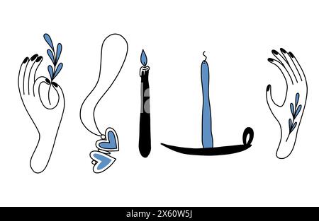 Collection of witchcraft icons and symbols of hand, candle, pendant, twig. Mystical esoteric tattoo design. Hand drawn in boho style occult spiritual Stock Vector