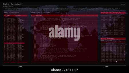 Image of computer language in terminal interface and map over black background Stock Photo