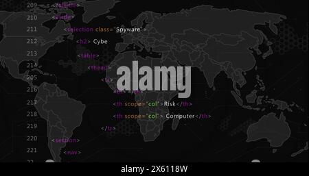 Image of multicolored computer language and map over black background Stock Photo