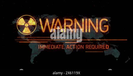 Image radiation warning symbol, warning immediate action required text over map Stock Photo