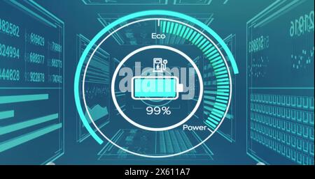 Image of icon, texts in speedometer with changing numbers over blue background Stock Photo