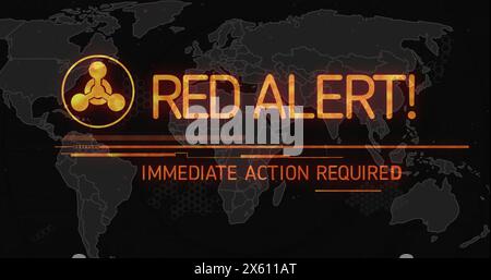 Image of abstract warning symbol, red alert immediate action required text over map Stock Photo