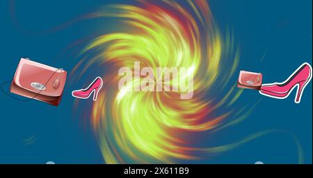 Image of pink high heels and matching purses are swirling into colorful vortex Stock Photo