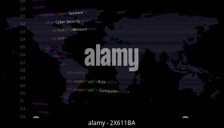 Image of multicolored computer language and map over black background Stock Photo