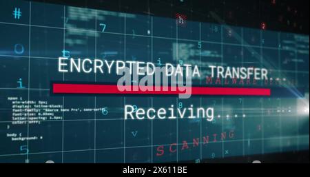 Image of texts, letters, numbers, symbols, loading bars, computer language over black background Stock Photo