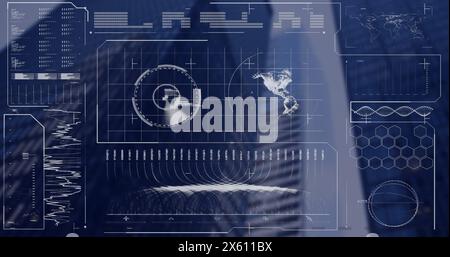 Image of radar, globe, loading bars and circles over low angle view of buildings against sky Stock Photo