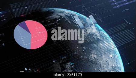 Image of multicolored infographic interface and globe against space in background Stock Photo