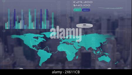 Image of graphs, map, changing numbers, currency symbols over modern cityscape Stock Photo