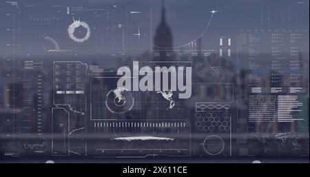 Image of globe, radar, loading bars and circles over modern cityscape against sky Stock Photo