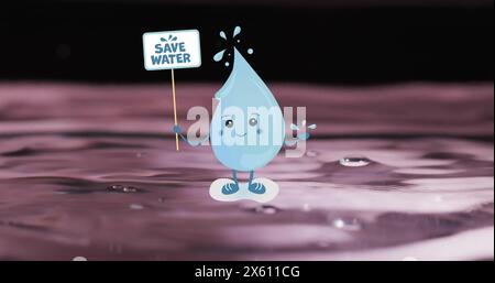 Image of save water text on sign held by water droplet on water background Stock Photo