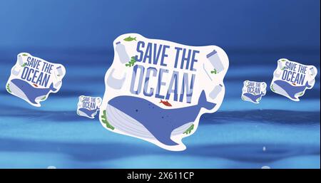Image of save water text on signs on water background Stock Photo