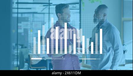 Image of statistical data processing against two diverse men discussing at office Stock Photo
