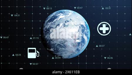 Image of multiple icons and changing numbers over globe against black background Stock Photo