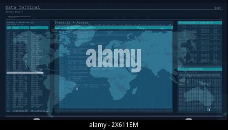 Image of computer language in terminal interface and map over black background Stock Photo