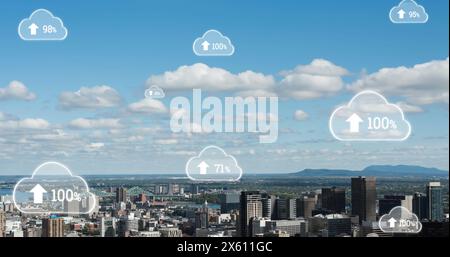 Image of digital clouds with percent going up over cityscape Stock Photo