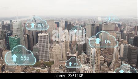 Image of digital clouds with percent going up over cityscape Stock Photo
