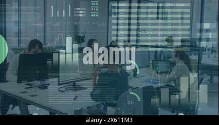 Image of statistical data processing against diverse people working at office Stock Photo