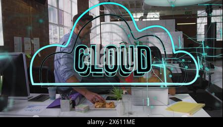 Image of cloud text in cloud over caucasian coworkers having snacks and coffee in office Stock Photo