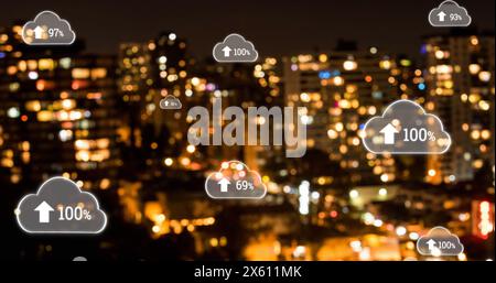 Image of digital clouds with percent going up over cityscape Stock Photo