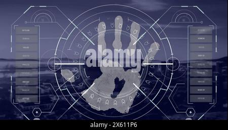 Image of data processing over biometric handprint Stock Photo