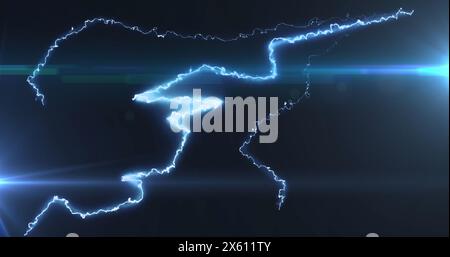 Image of glowing blue lightning flashes and white beam of light on dark background Stock Photo