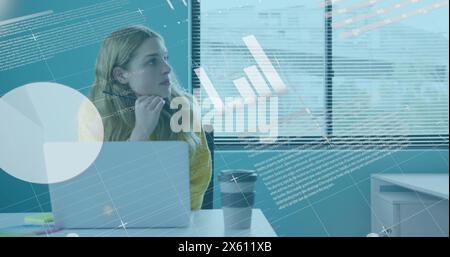 Image of statistical data processing over thoughtful caucasian woman taking notes at office Stock Photo