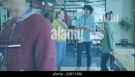 Image of statistical data processing against group of diverse colleagues discussing at office Stock Photo