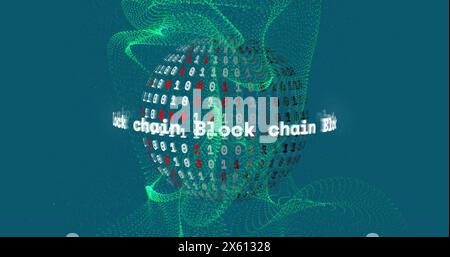 Image of block chain text, binary coding data processing over globe Stock Photo