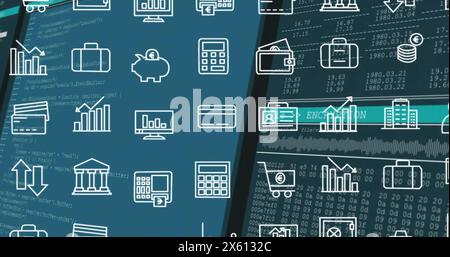 Image of financial data processing and rows of business icons over dark background Stock Photo