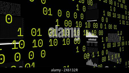 Image of binary coding data processing and statistics over black background Stock Photo
